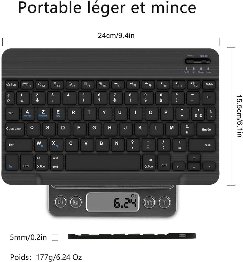 SENGBIRCH Vezeték Nélküli Bluetooth Billentyűzet AZERTY Francia Kiosztással - Ultravékony, iOS, iPad, Android, Samsung, Xiaomi Kompatibilis,