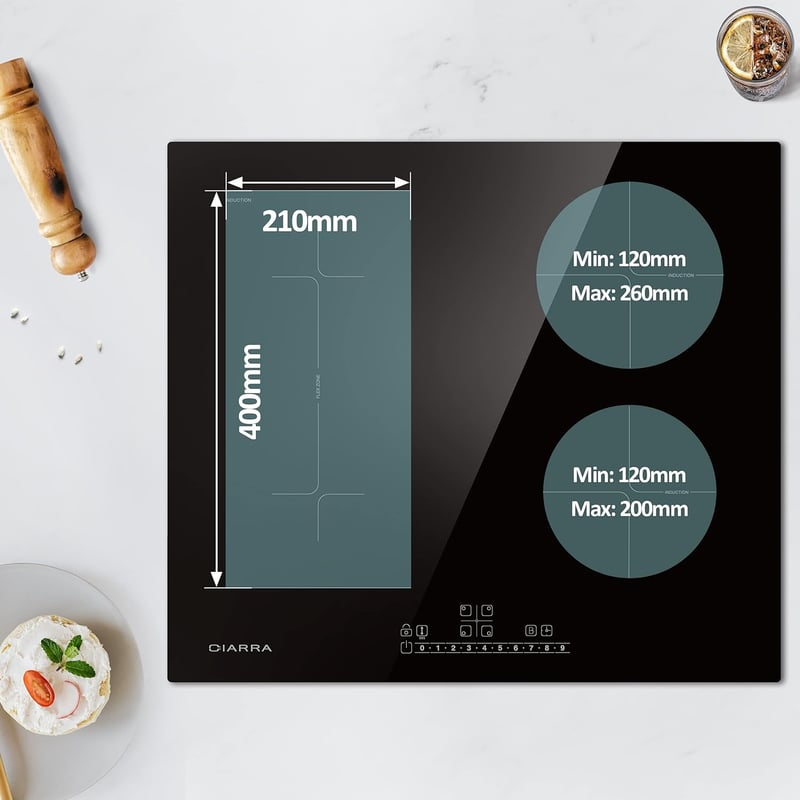 CIARRA CBBIH4BF 7200W Beépített indukciós főzőlap, 4 zóna, Boost funkcióval és 1 Flex zónával, Érintésvezérlés, kerámia üveg, 9 teljesítményszint, gyermekbiztonsági zár, fekete