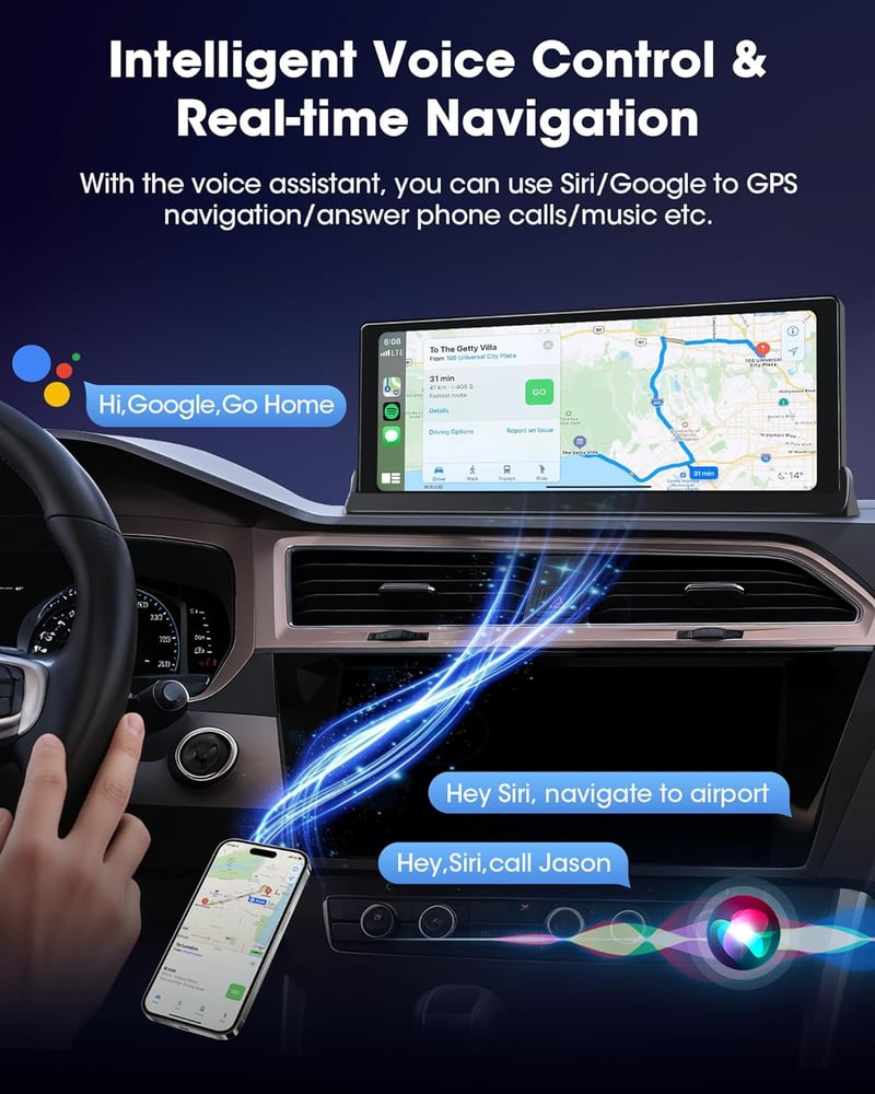 Jansite 10,26" Érintőképernyős CarPlay Android Autós Kijelző Állvánnyal - GPS Navigáció, Tolatókamera, Siri/Google Asszisztens, Vezeték Nélk