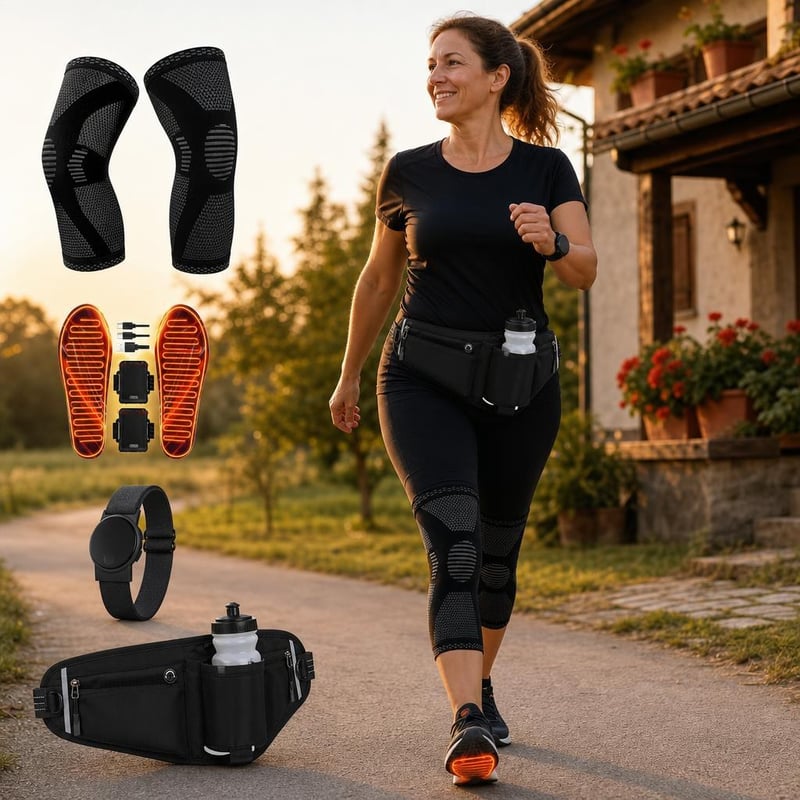 Set za trkače: steznik za koljeno + grijani ulošci 42–47 + IP67 senzor pulsa + pojas za trčanje 600 ml