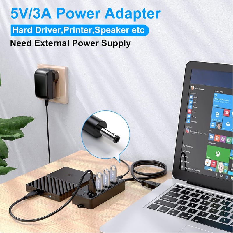 VEMONT USB 3.0 Hub 4 Port Aktív Adapter Tápegységgel és Kapcsolóval