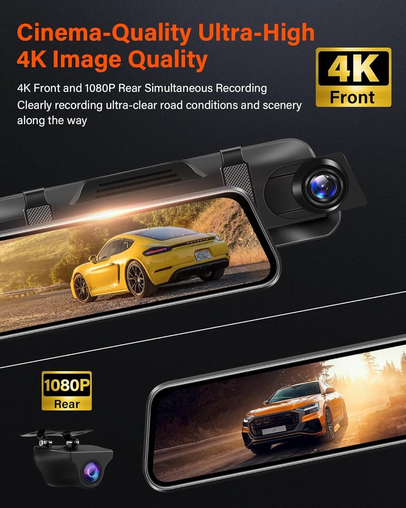 Jansite 4K Visszapillantó Tükör Menetrögzítő Kamera 64GB SD Kártyával, 10" IPS Érintőképernyővel, Első-Hátsó 170° Látószög, 10m Kábel, WDR
