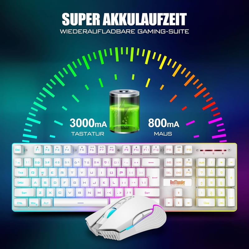 RedThunder K10 Vezeték Nélküli Gamer Billentyűzet és Egér Szett, QWERTZ DE Kiosztás, LED Háttérvilágítás, 3000 mA Akkumulátor, 3200 DPI, Feh