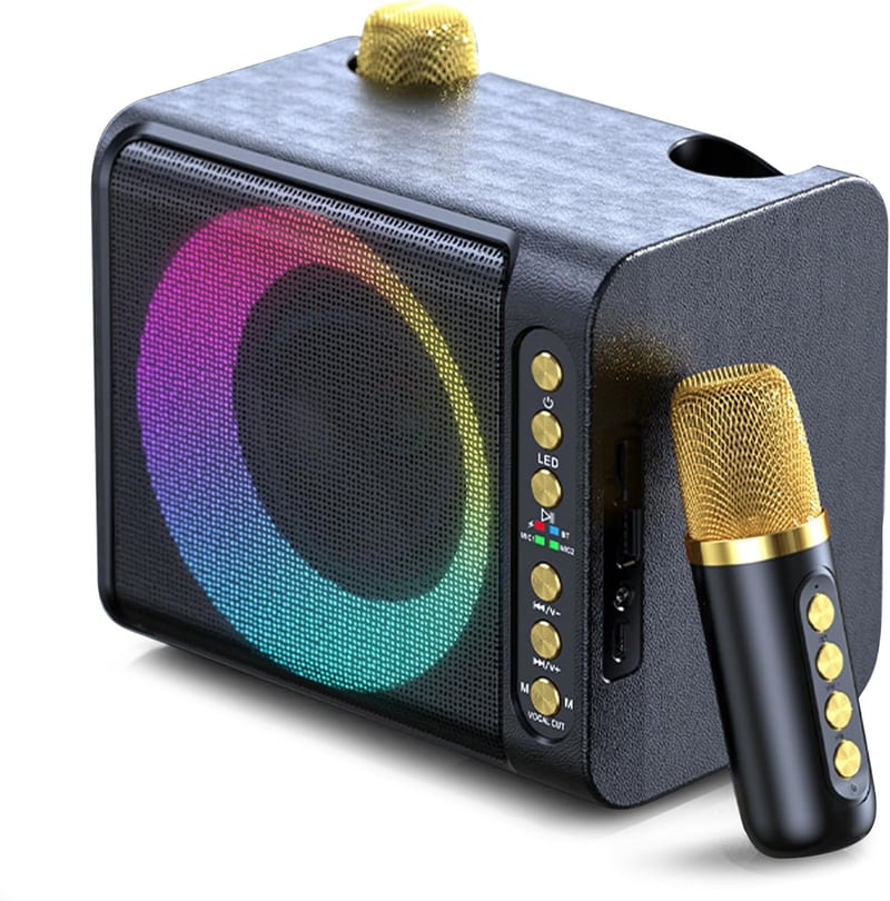 Hordozható Bluetooth Karaoke Rendszer 2 Vezeték Nélküli Mikrofonnal, 7 LED Fénnyel