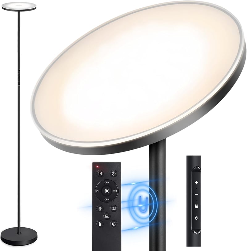 OUTON LED Állólámpa 30W - Folyamatosan Szabályozható Fényerő, 3 Színhőmérséklet, Távirányító, Érintésvezérlés, USB Töltőport, Modern Dizájn