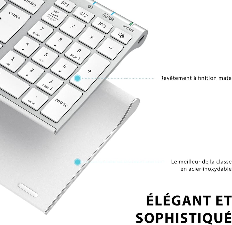 iClever BK10 Bluetooth Billentyűzet - Újratölthető, 3 Eszköz Csatlakoztatás, AZERTY, Ultravékony, Fehér, Mac/iPad/iPhone/PC Kompatibilis