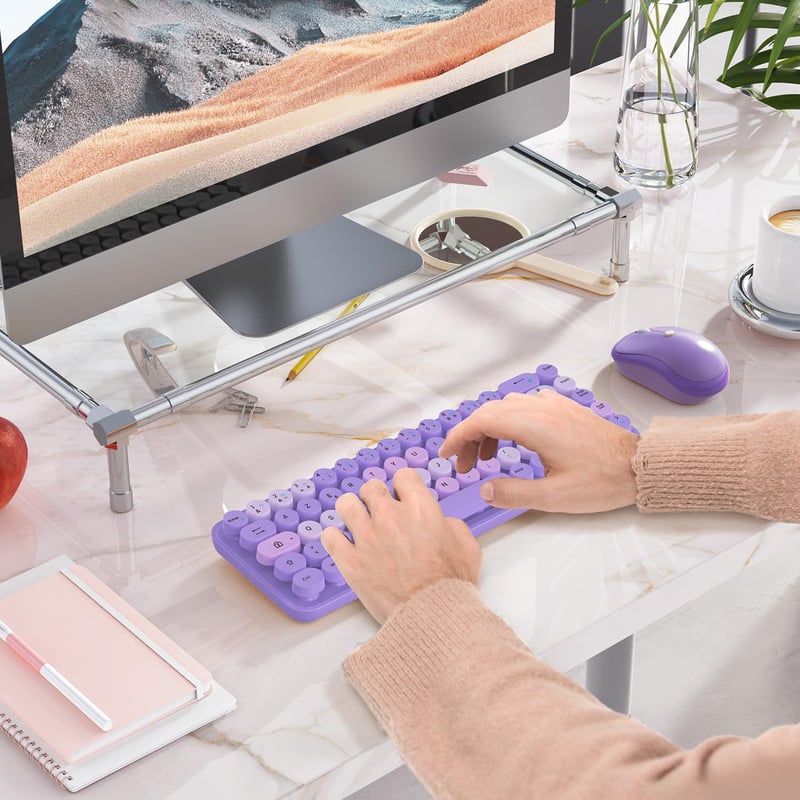 Retro lila AZERTY billentyűzet és egér szett - Vezeték nélküli, kompakt, csendes, USB/Type-C