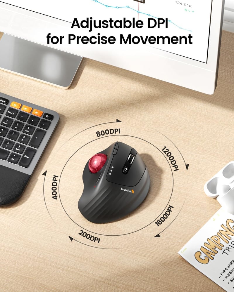 ProtoArc EM01 NL Vezeték Nélküli Trackball Egér - 2.4G USB és Bluetooth, Hüvelykujj Vezérlés, Állítható Szög, 5 DPI Fokozat, Újratölthető, P