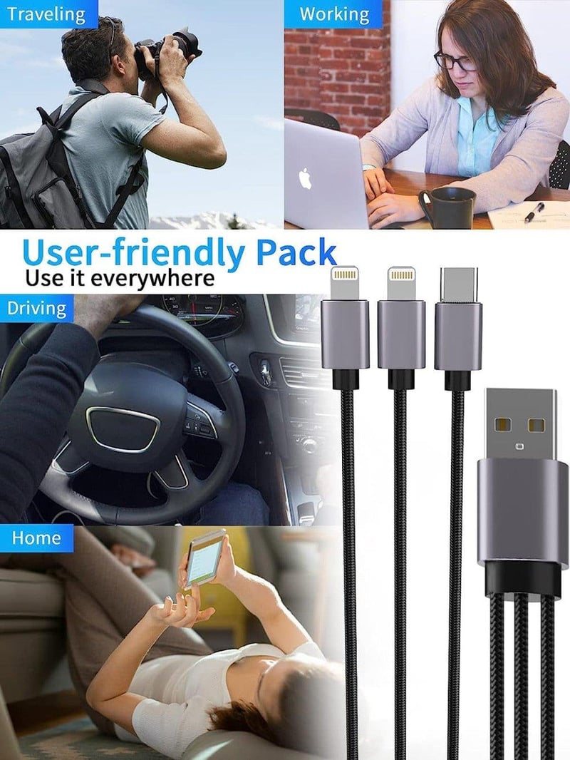 Nylon 3in1 USB kábel iPhone Lightning és Type-C - 1m, többfunkciós töltő