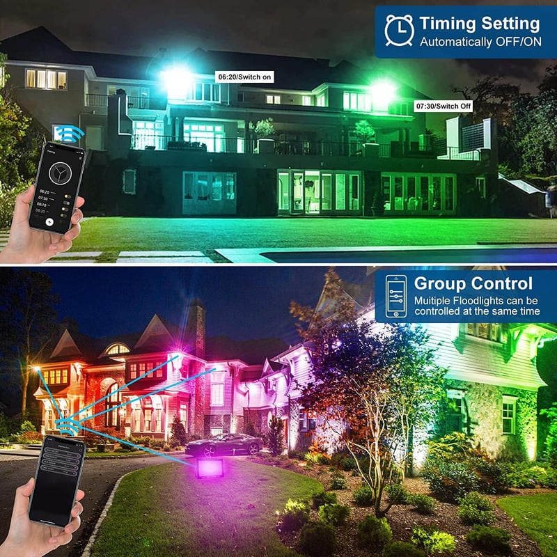 2 db RGB LED Kültéri Reflektor 100W - WiFi/Bluetooth Vezérlés, IP66 Vízálló, 16 Millió Szín, Zenére Változó Fények Partikhoz, Karácsonyra