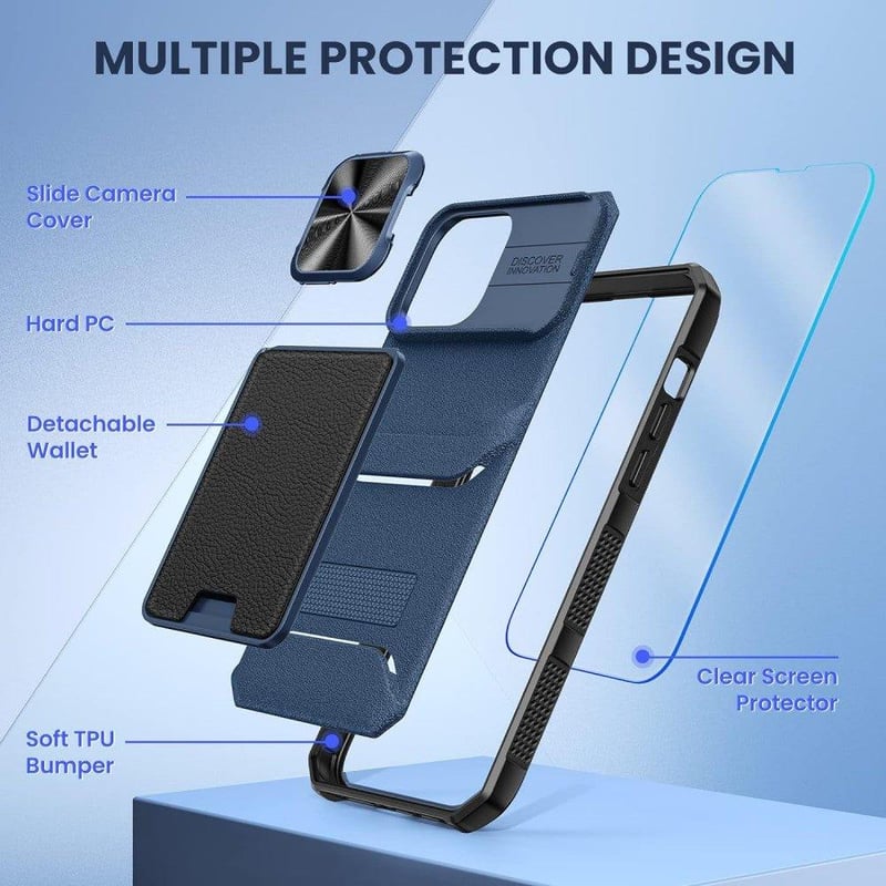 iPhone 14 Pro Védőtok Fóliával, Kártyatartóval, Kameravédővel - Sötétkék
