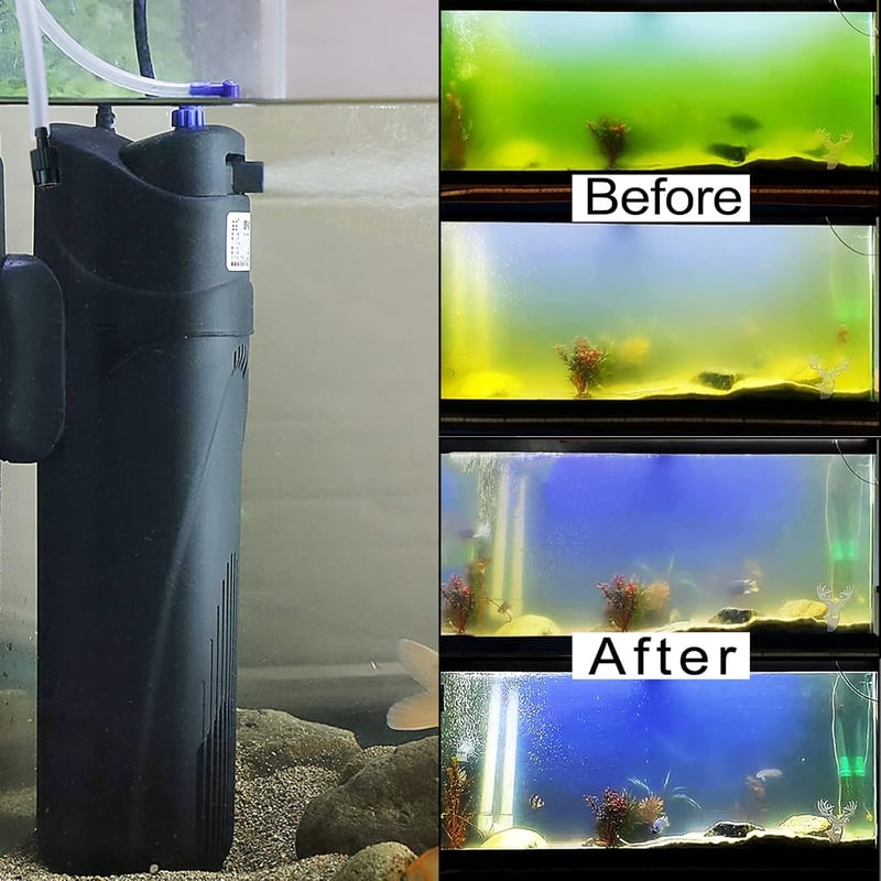 BootyBay JUP-01 UV Akvárium Szűrő 150-300 Literes Medencékhez, 800L/h Belső Vízszűrő Pumpa Zöld Alga Eltávolítóval, 9W UV Lámpával és 2 Póts
