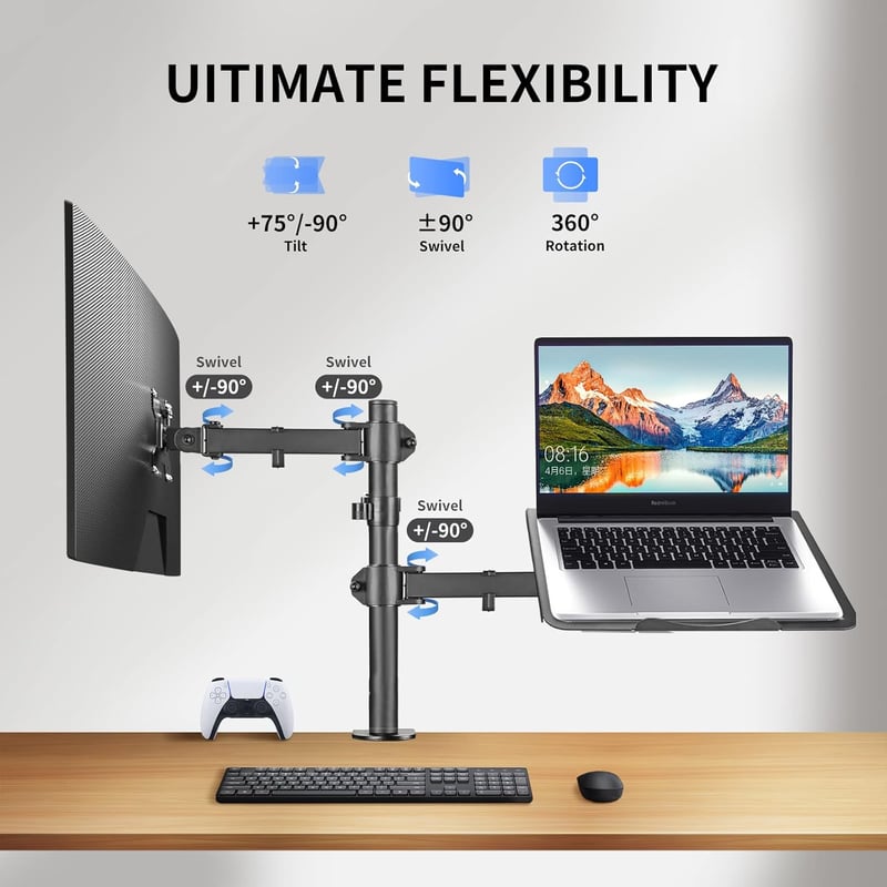 Suptek Asztali Monitor és Laptop Tartó Kar 13-27" Képernyőkhöz - Állítható Magasság, 360° Forgatható, Dönthető, Helytakarékos Megoldás