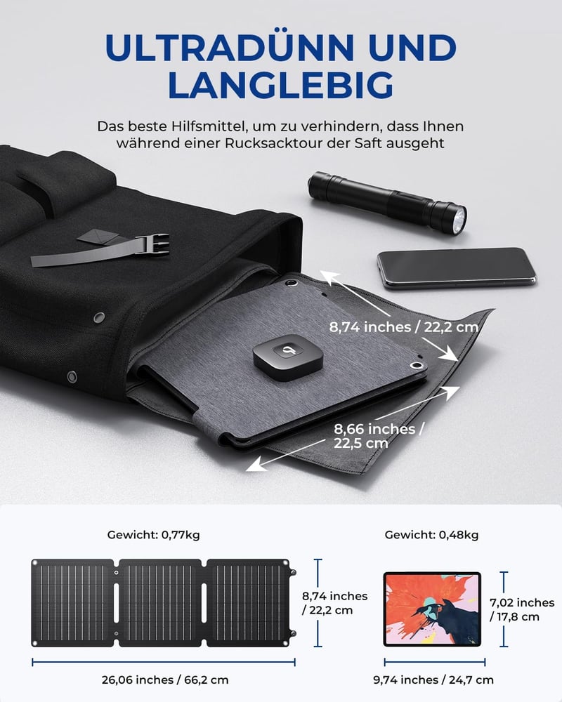 BigBlue Solarpowa 20W ETFE Összehajtható Napelemes Töltő, USB-A és USB-C Csatlakozóval, IP65 Vízálló, Állvánnyal, Mobiltelefon és Tablet Kom