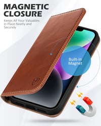 iPhone 14 Valódi Bőr Flip Tok RFID Védelemmel - SHIELDON Retro Barna 7
