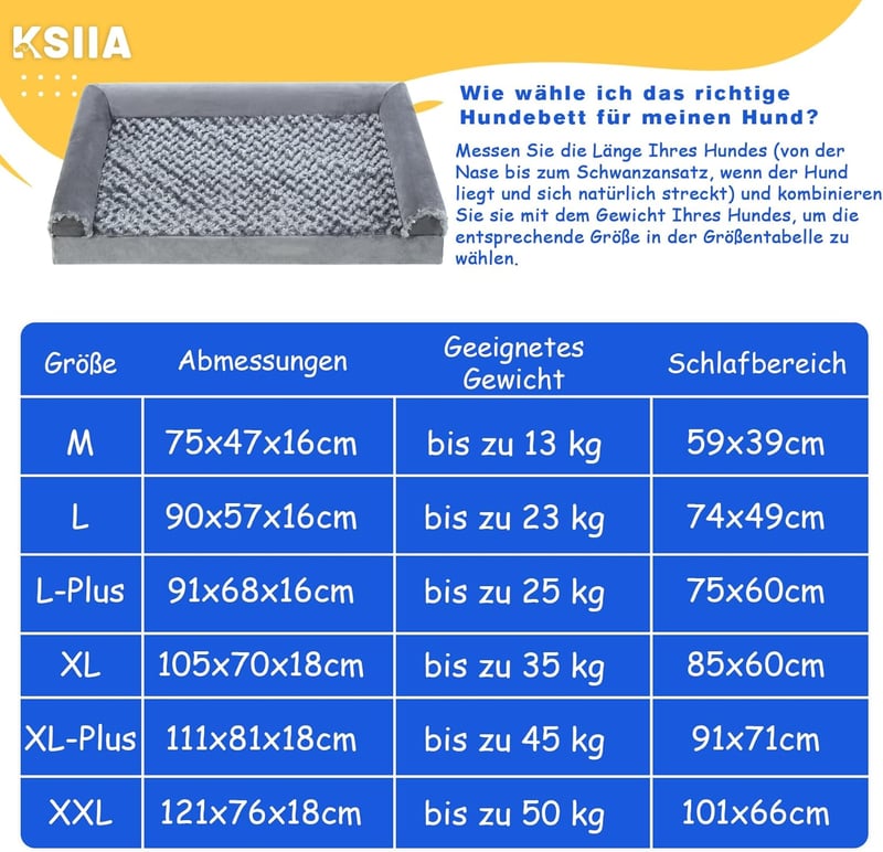 KSIIA Ortopédiai Kutyaágy Közepes Kutyáknak 91x68x16 cm - Mosható Huzatú Kutyakanapé Három Megemelt Széllel, Csúszásgátló Aljjal, Szürke