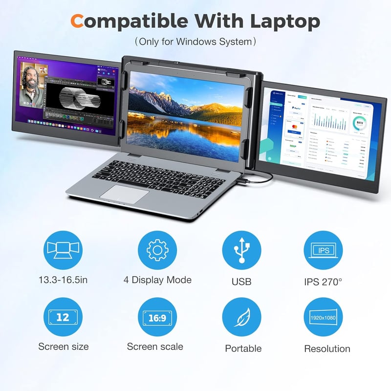 SMISEACOW 12" FHD IPS Hordozható Monitor Laptophoz, Telefonhoz és Játékkonzolokhoz