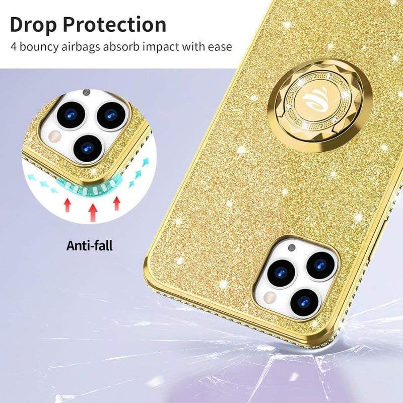 iPhone 11 Pro Max Arany Glitteres Gyűrűs Védőtok - Ütésálló és Csillogó