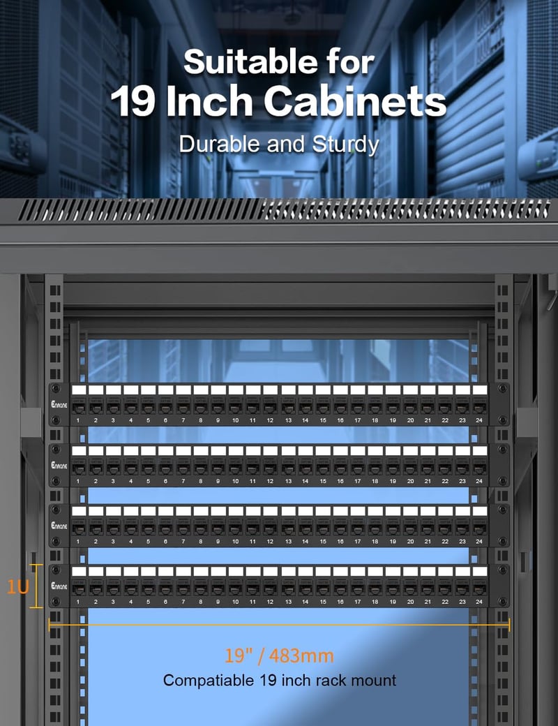 Enman Group 24 Portos Cat6A Árnyékolt Keystone Patch Panel 19" Rack Szekrényhez, Intelligens Kábel Menedzsmenttel, Fekete