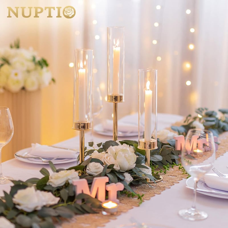 Nuptio Arany Fém Gyertyatartó Szett - 18 db Üveg Cilinder Kúpos Gyertyatartó Esküvői Dekorációhoz, Karácsonyi Asztalra, Vacsorához, Kandalló
