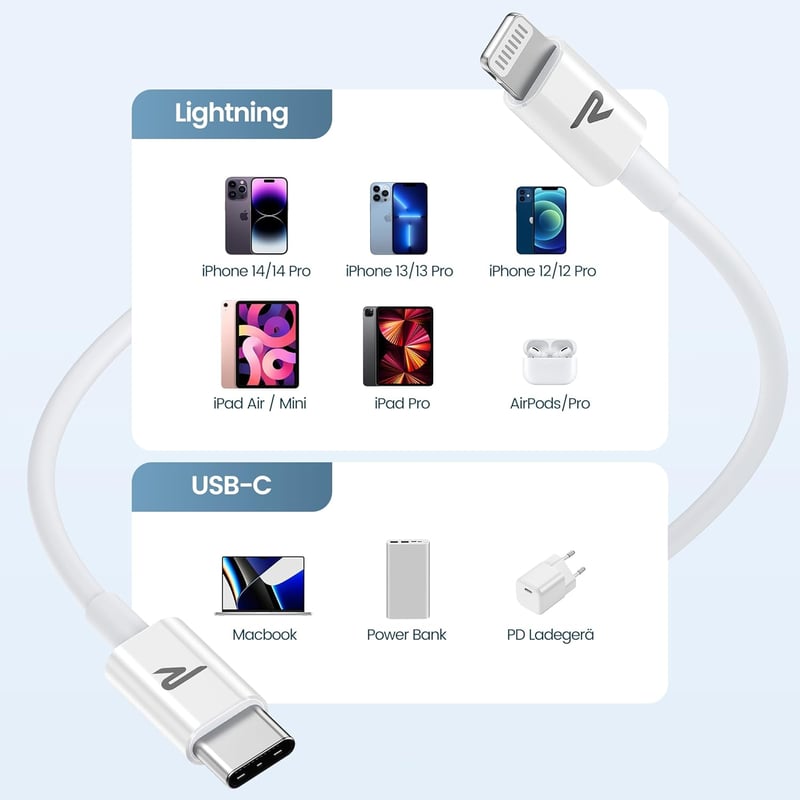 RAMPOW Apple MFi USB-C Lightning kábel, gyorstöltés iPhone 14/13/12-höz - 1m, fehér