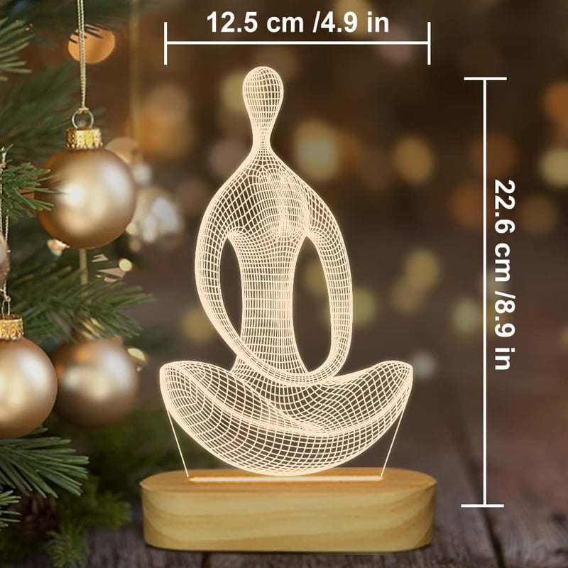 BootyBay 3D Jóga LED Éjjeli Lámpa - Meditációs Asztali Világítás Meleg Fénnyel, Fa Talppal - USB Dekorációs Lámpa Ajándékba Nőknek, Lányokna