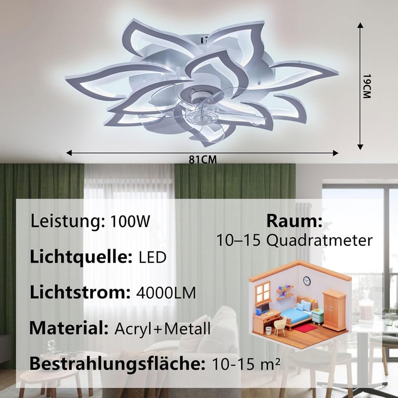 MiiR Virág Alakú Mennyezeti Ventilátor Lámpával - 100W Csendes LED Lámpa 12000LM, 6 Sebességű, Szabályozható Fényerő, Távirányítóval, Nappal