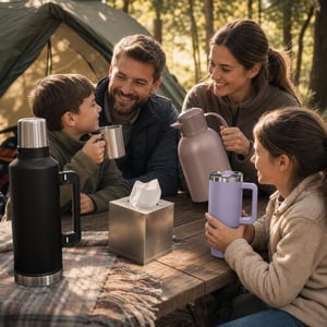 Set termosuri pentru aventuri în familie: 2,3L + 1,5L + cană voiaj + 2 pahare inox