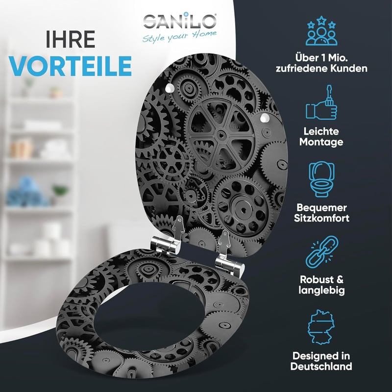 Sanilo Fogaskerék Mintás WC Ülőke Ovális Fából - Puha Záródású Mechanizmus, Könnyű Szerelés, Strapabíró Zsanérok, Modern Dizájn