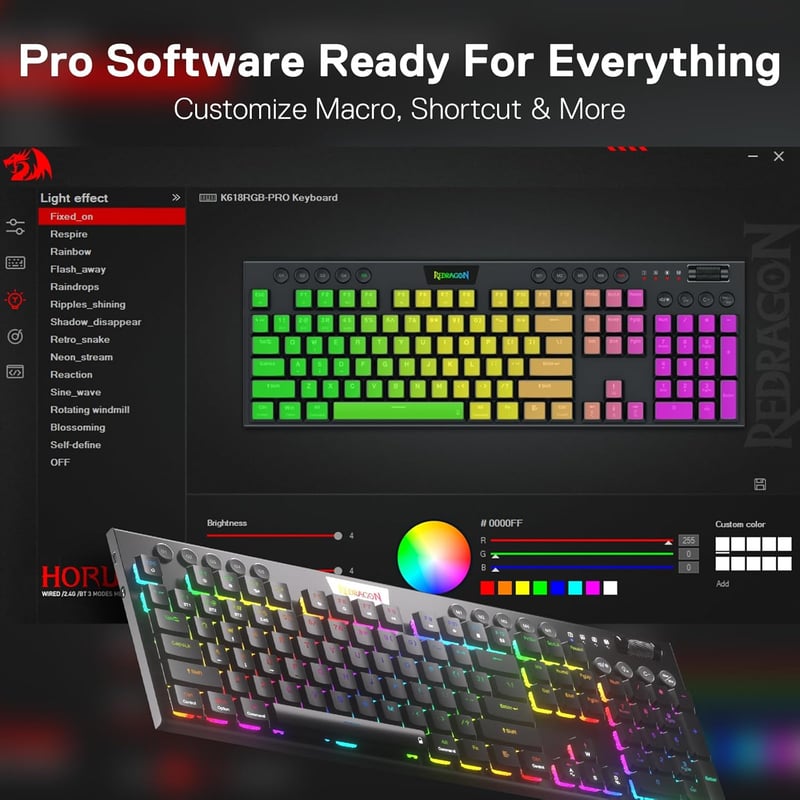 Redragon K618 Horus RGB Mechanikus Gamer Billentyűzet, Háromféle Csatlakozás, Lapos Billentyűk, Lineáris Red Switch, Dedikált Médiavezérlés