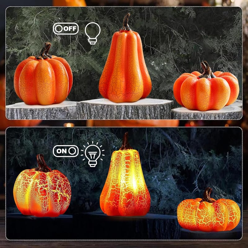 Sunshine smile LED Világító Tök Dekoráció Szett - 3 db Halloween Töklámpás, Őszi Dekoráció, Kézzel Készített Gyanta Töklámpás Narancs Fénnye