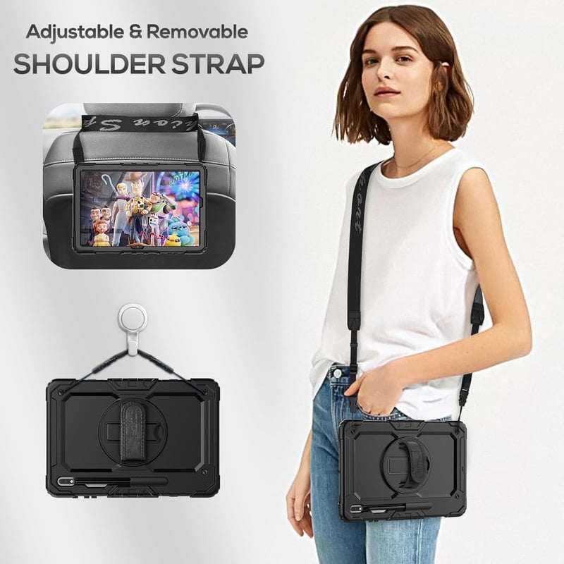 SEYMAC Samsung Galaxy Tab S7 FE/S8 Plus/S7 Plus 12,4" Védőtok Beépített Képernyővédővel, 360° Forgatható Állvánnyal, Kéz- és Vállpánttal, To