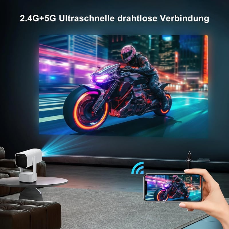 Eroshoo R1 Hordozható Mini Projektor - 10000 Lumen, 1080P, 4K Támogatás, Android TV 11.0, WiFi 6, Bluetooth 5.2, Beépített Akkumulátor, 270°