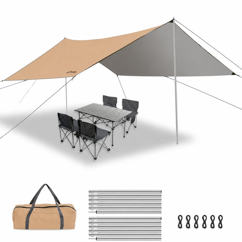WADEO Vízálló Kemping Tarp Sátorlap 4x3 m Khaki - Rudakkal, Feszítőkötelekkel, Hiányos Cövek-készlettel (8-ból 5 (állapot: lásd a 2. képet)