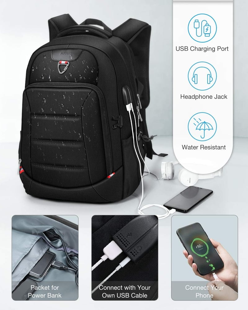 HOMIEE 17,3" Lopásbiztos Vízálló Laptop Hátizsák USB Töltőporttal, Fekete