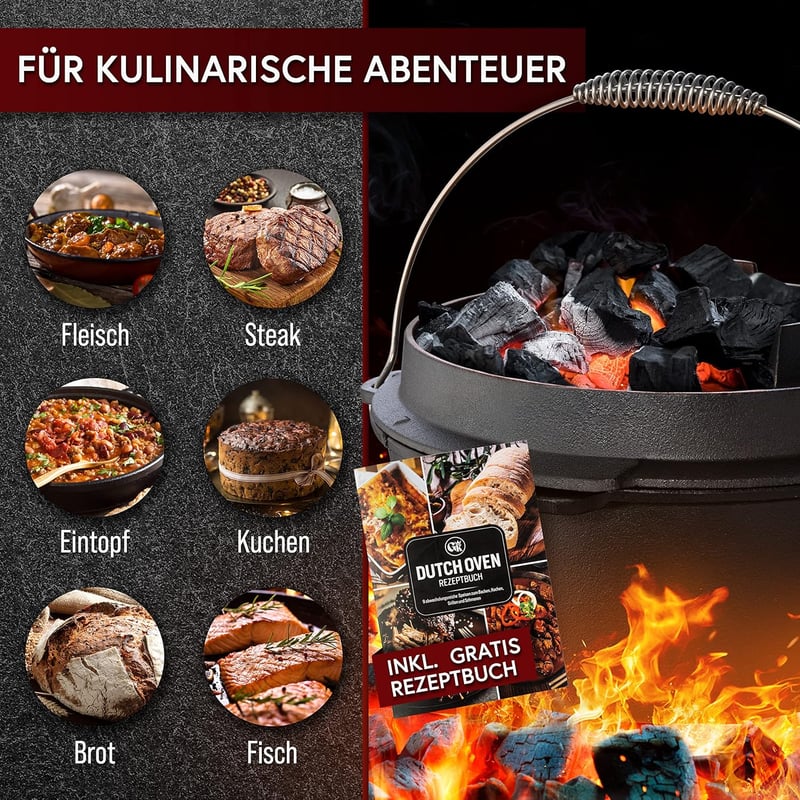 Gusskönig 12L Öntöttvas Dutch Oven Készlet - Láb Nélküli Tűzálló Edény Dupla Funkcióval - Fedélemelővel, Kefével és Receptkönyvvel - 8-10 Sz