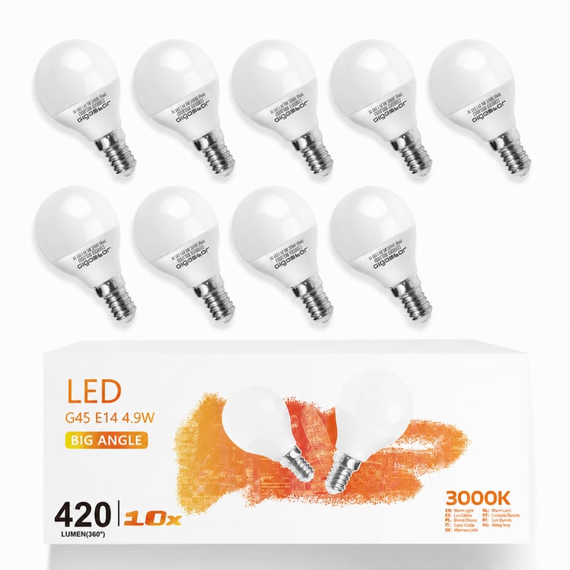 Aigostar E14 LED žarulja 5W toplo bijela 3000K 420 lumena G45 kugla bez treperenja kut snopa 230 stupnjeva pakiranje od 9 komada energetski razred A+