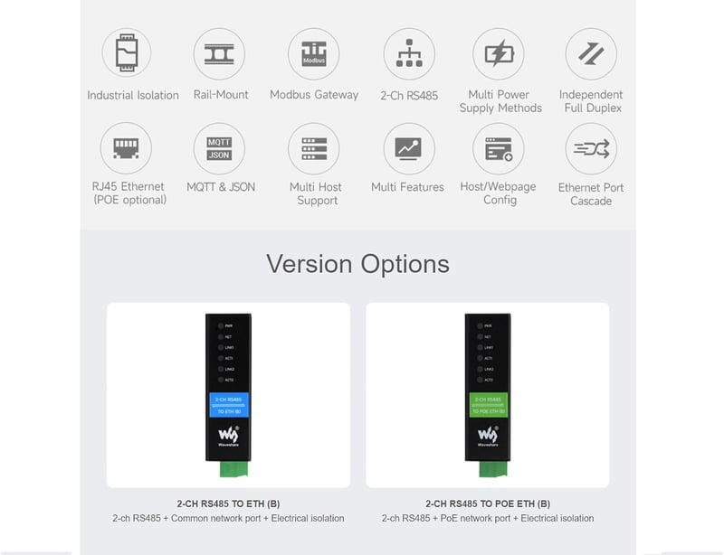 Waveshare 2-CH RS485 Ethernet Konverter Modul POE Funkcióval - Ipari Sínre Szerelhető Izolált Soros Szerver Modbus/MQTT Támogatással