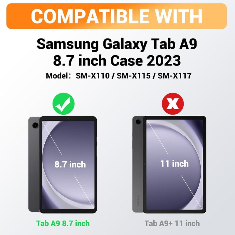 SEYMAC Samsung Galaxy Tab A9 8.7" (2023) Védőtok - 360° Forgatható Állvánnyal, Beépített Képernyővédővel, Vállpánttal és Tolltartóval - Tere