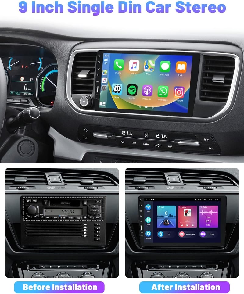 Hikity 1 DIN Android 11 Autórádió 9" Érintőképernyővel - Vezeték Nélküli CarPlay, Bluetooth, WiFi, GPS Navigáció, Tolatókamera, 2GB RAM + 32