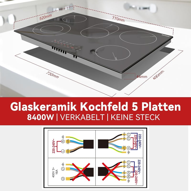 Karinear 77 cm-es Beépíthető Üvegkerámia Főzőlap 5 Zónával, 8400W, Érintőgombos, Időzítővel, Gyerekzárral, Túlmelegedés Elleni Védelemmel