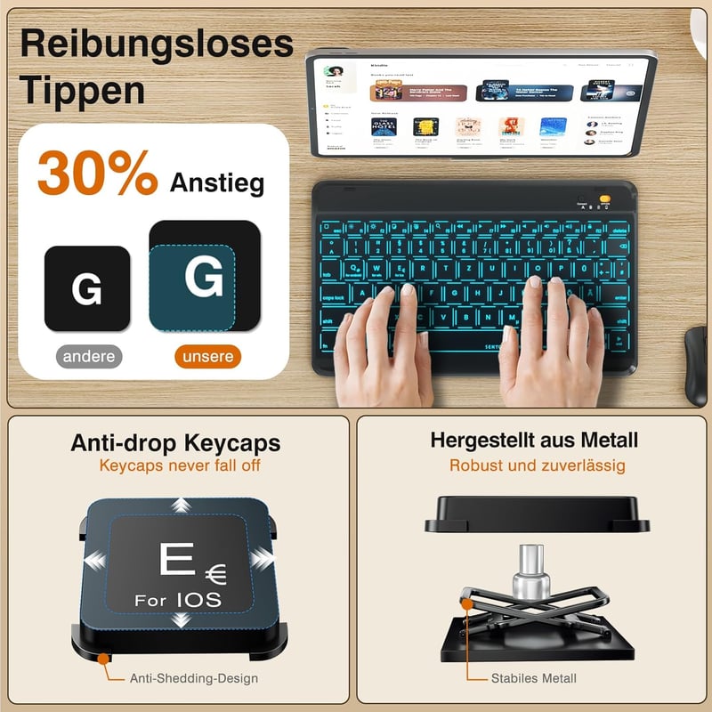 Tumeiguan Háttérvilágítású Bluetooth Billentyűzet - Megnövelt Billentyűkkel, QWERTZ Német Kiosztás, iOS/Android/Windows/Mac Kompatibilis, Ul
