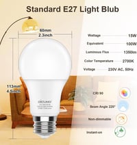 DiCUNO E27 LED Izzó 15W, 100W Helyettesítő, 2700K Meleg Fehér, 1350lm, A60 Matt, CRI 90, Energiatakarékos, Beltéri Világítás, 6 Darabos Csom 2