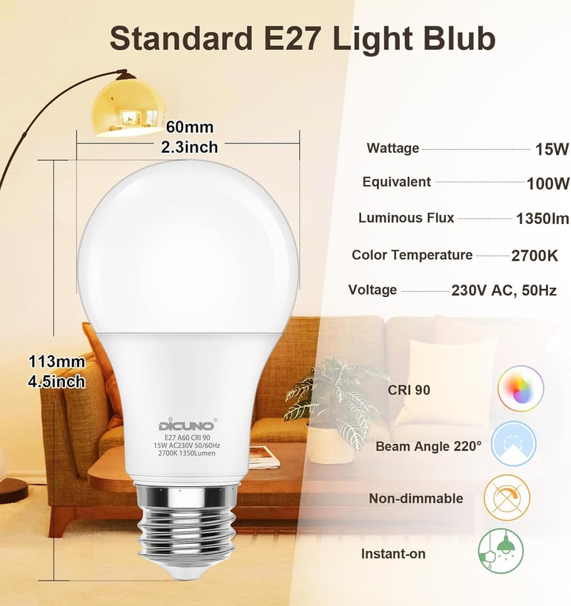 DiCUNO E27 LED Izzó 15W, 100W Helyettesítő, 2700K Meleg Fehér, 1350lm, A60 Matt, CRI 90, Energiatakarékos, Beltéri Világítás, 6 Darabos Csom
