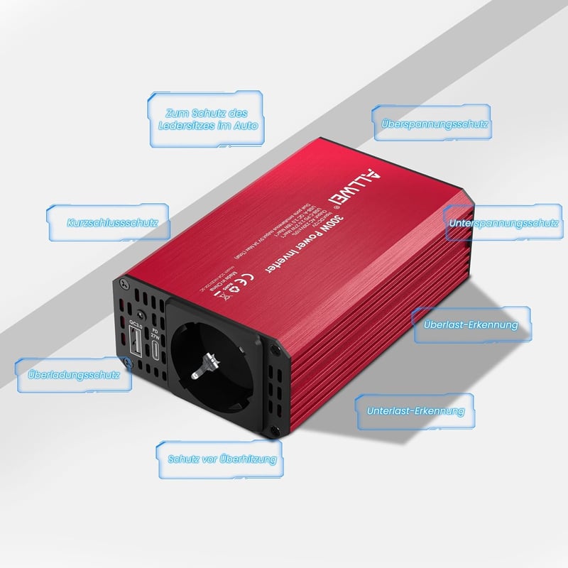ALLWEI 300W Autós inverter 12V-230V, USB-C és USB portokkal, piros