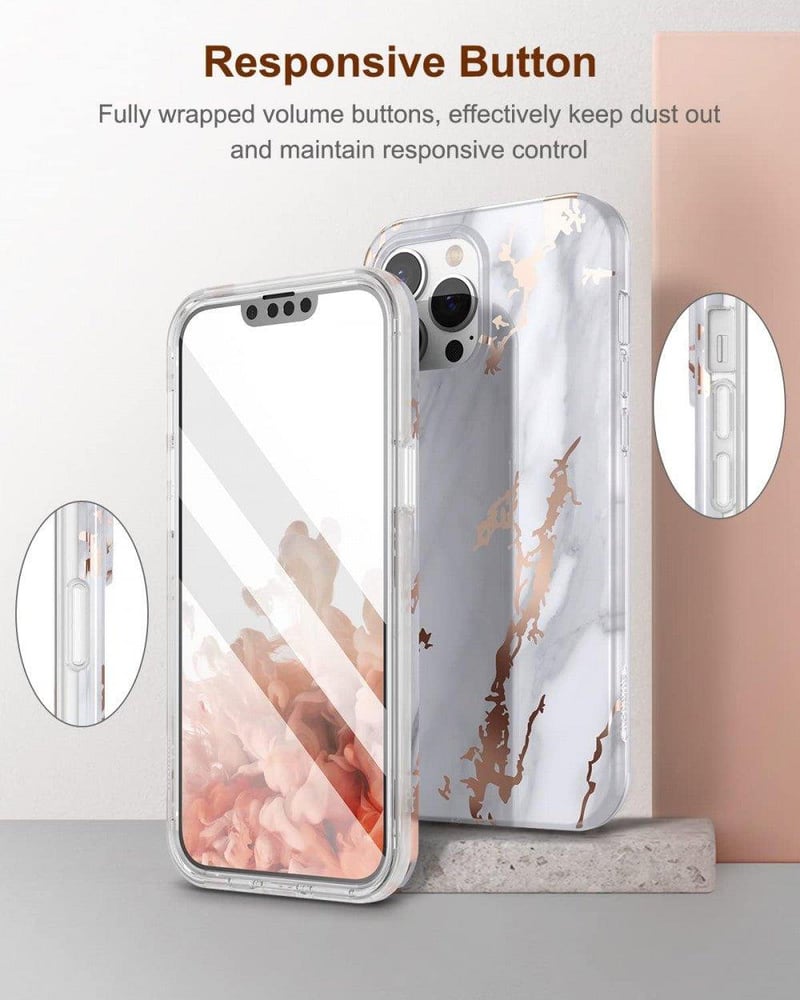 Apple iPhone 13 Pro Márványmintás Szilikon Tok Beépített Képernyővédővel - Fehér-Arany