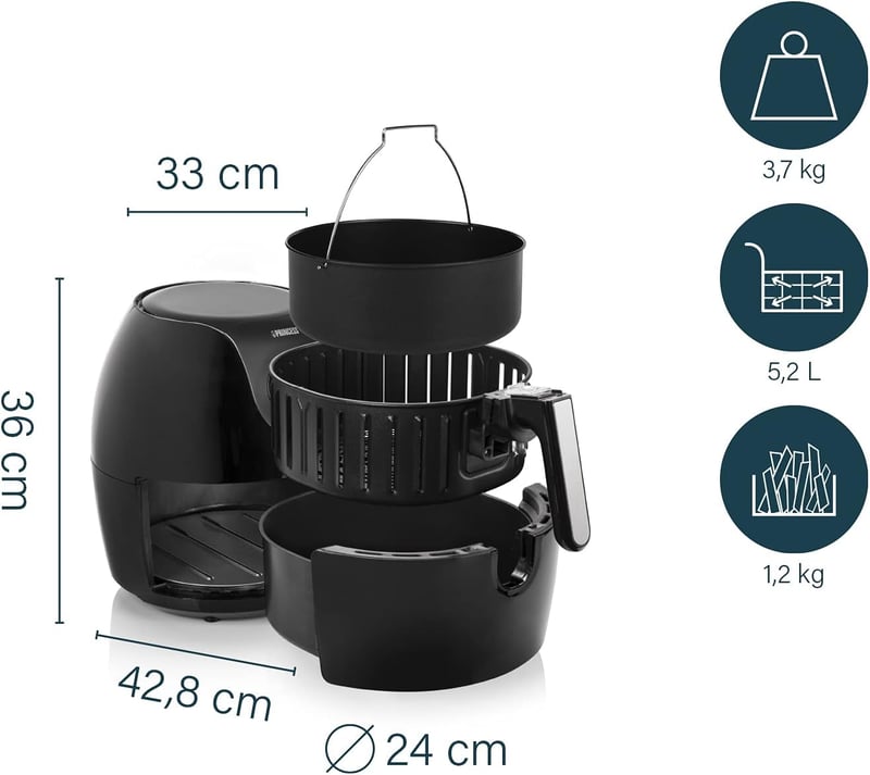 Princess Aerofryer XXL 5,2L Digitális Forrólevegős Sütő - 1700W, 7 Program, Olaj Nélküli Sütés, Mosogatógépben Mosható Alkatrészek, Fekete