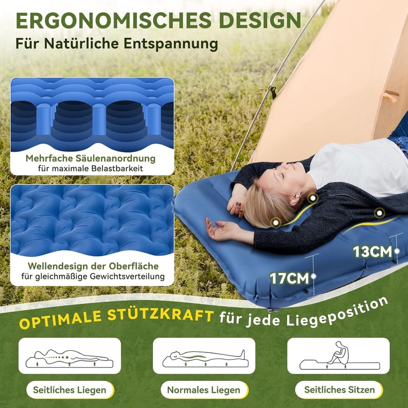 HIKENTURE Önfelfújó Kempingmatrac 13 cm Vastag, Párnával és Lábpumpával - Ultrakönnyű Túramatrac Kempingezéshez, Kiránduláshoz, 200x66 cm