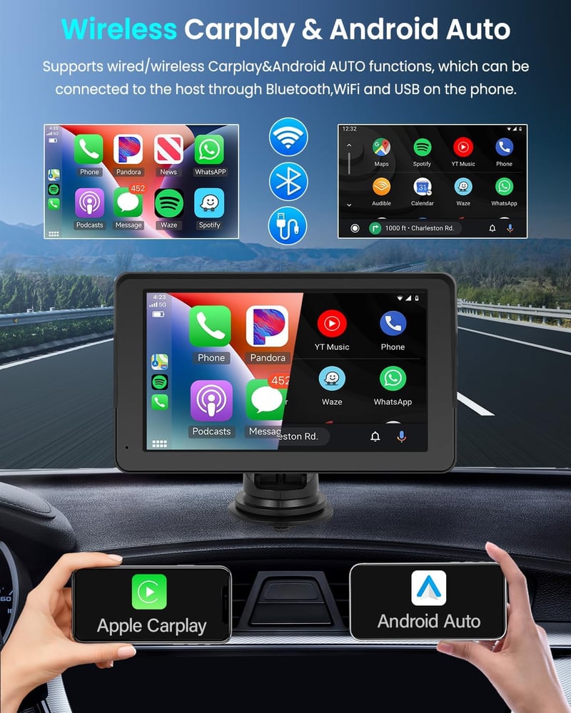 Rimoody 7" Hordozható Autórádió Carplay Android Támogatással - Érintőképernyős, Dual Bluetooth, FM Transmitter, GPS, Hangvezérlés, Airplay/A