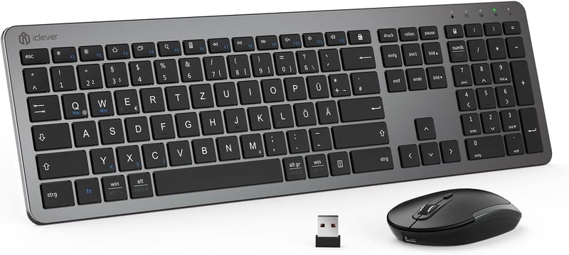 iClever Vezeték Nélküli Billentyűzet és Egér Szett - Újratölthető, Ultravékony, Csendes, QWERTZ Kiosztású PC/Laptop Billentyűzet, Szürke - grey